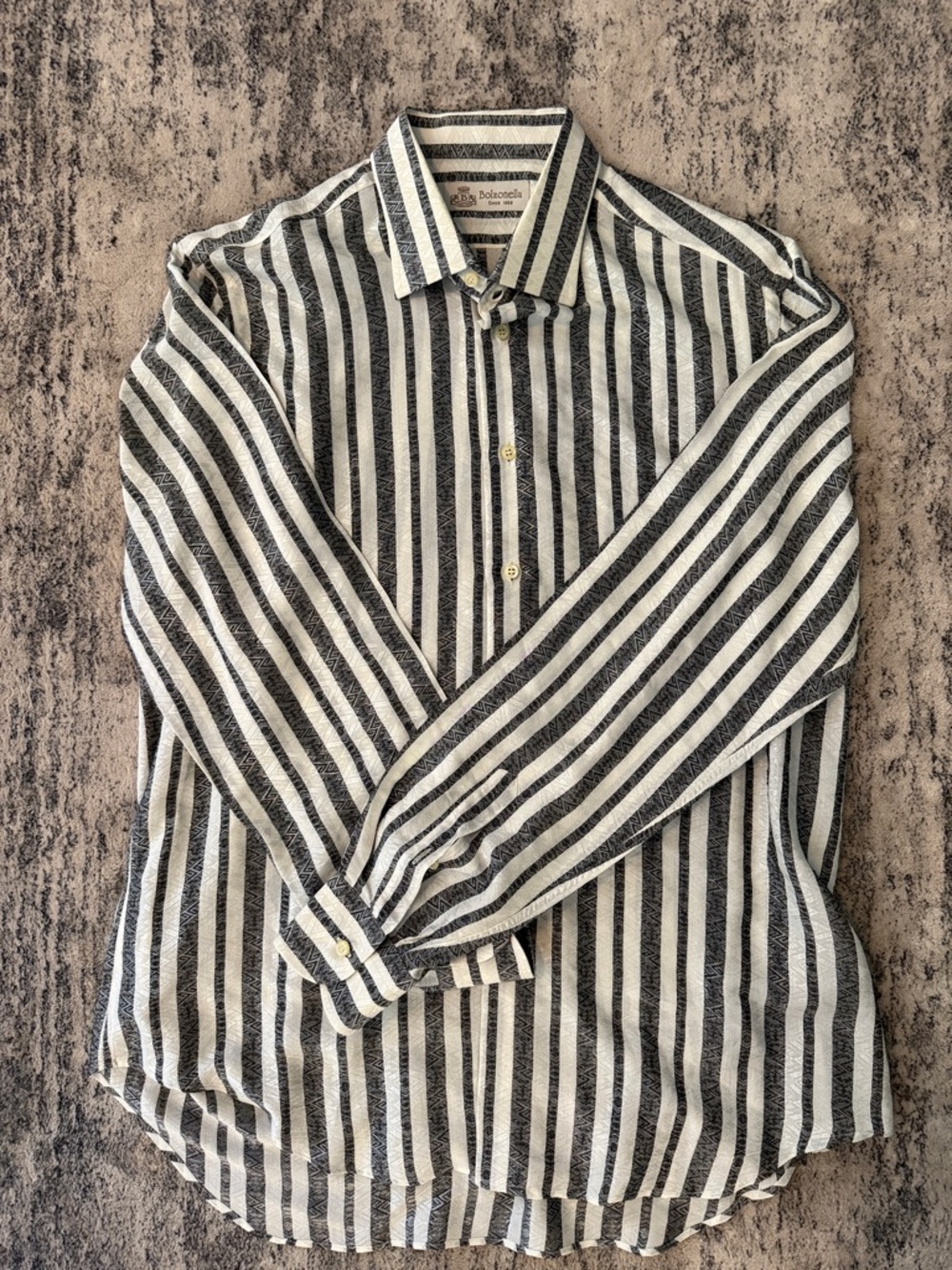 Bolzonella Men's Black and White Vertical Stripe Silk Button-Down Shirt